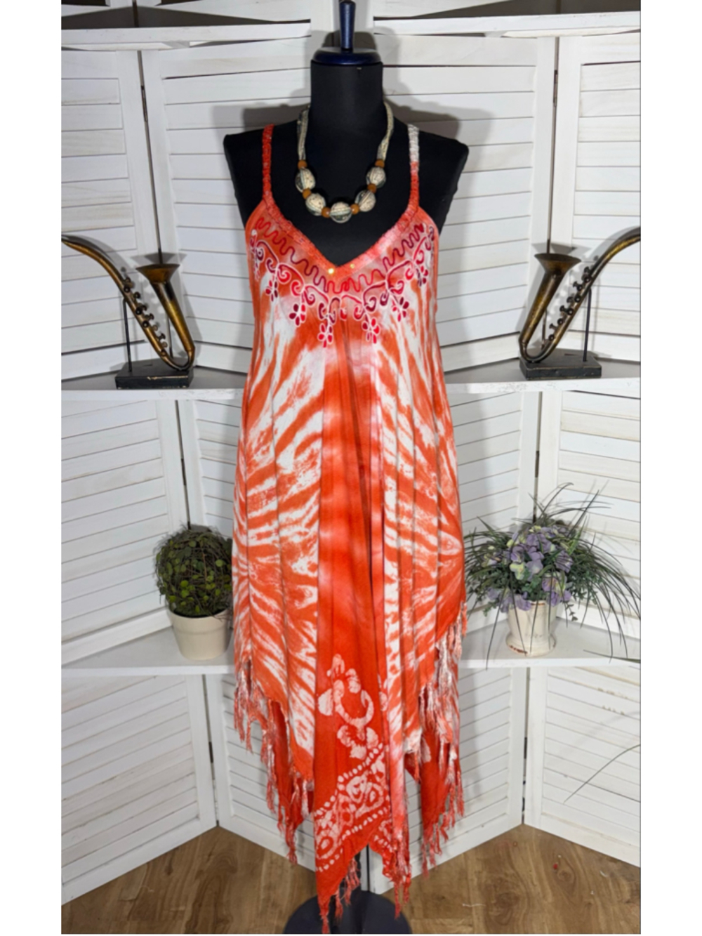 Vintage gauze cotton boho dress tie dye asymmetrical beach cover up fringes S M